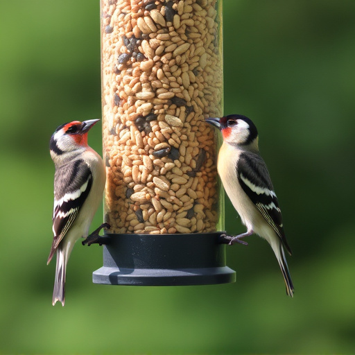 Finches eating from seed-filled feeder