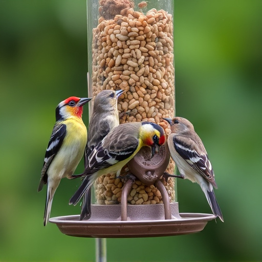 Finches feeding on nyjer seed feeder
