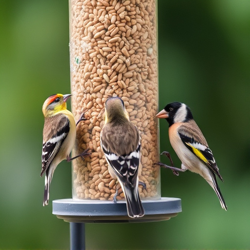 Finches feeding on nyjer seed feeder
