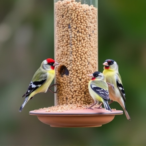 Finches feeding on nyjer seed feeder