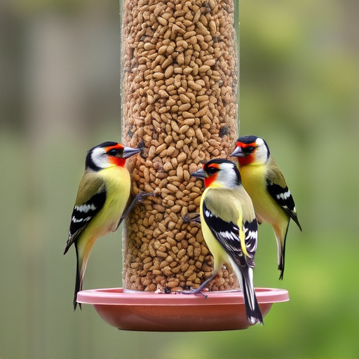 Finches feeding on nyjer seed feeder