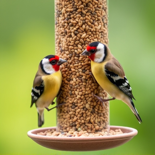 Finches feeding on nyjer seed feeder