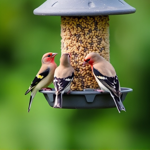 Finches feeding on nyjer seed feeder