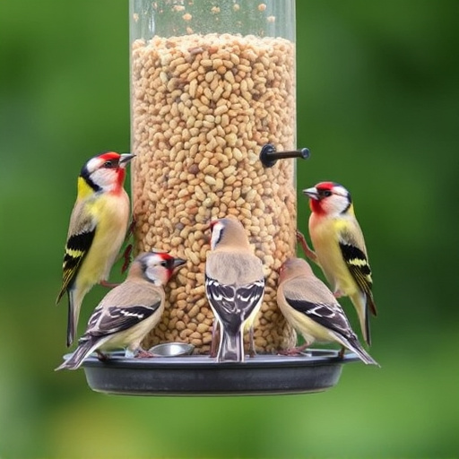 Finches feeding on nyjer seed feeder