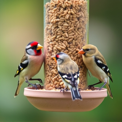Finches feeding on nyjer seed feeder