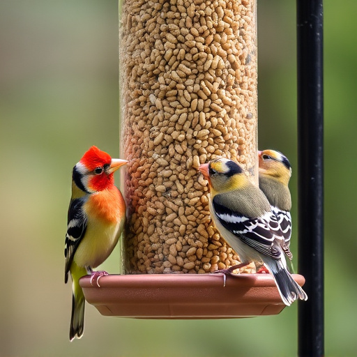 Finches feeding on nyjer seed feeder