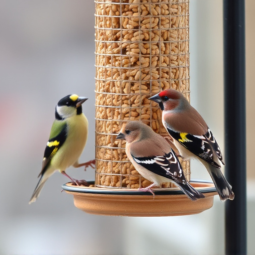 Finches feeding on nyjer seed feeder