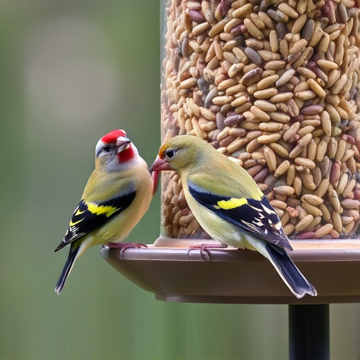 Finches feeding on nyjer seed feeder