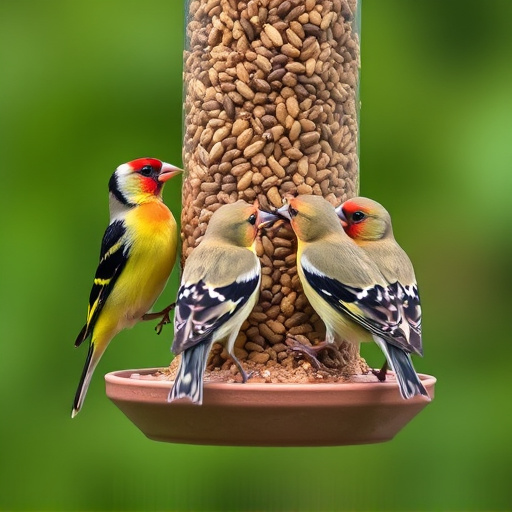 Finches feeding on nyjer seed feeder