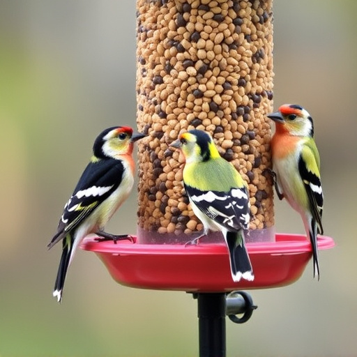 Finches feeding on nyjer seed feeder