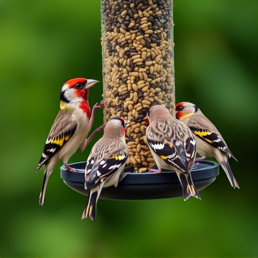 Finches feeding on nyjer seed feeder