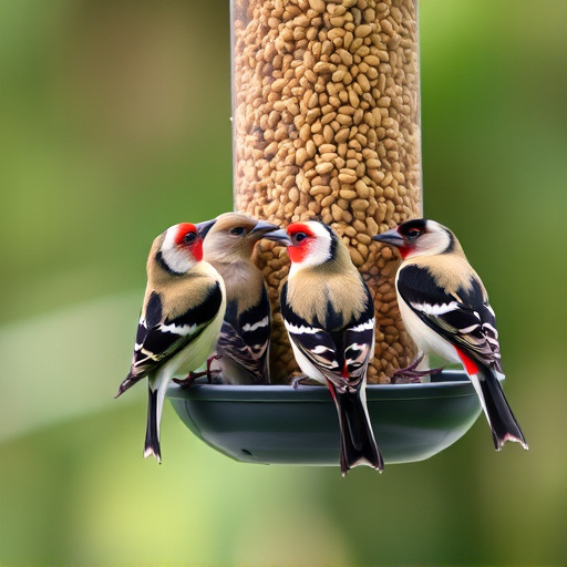 Finches feeding on nyjer seed feeder