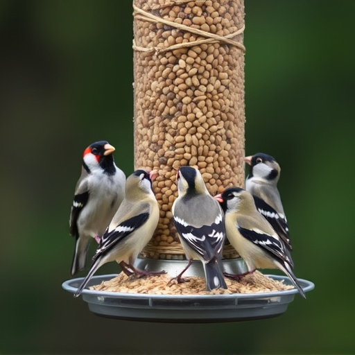 Finches feeding on nyjer seed feeder
