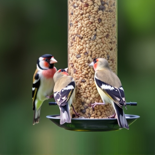 Finches feeding on nyjer seed feeder