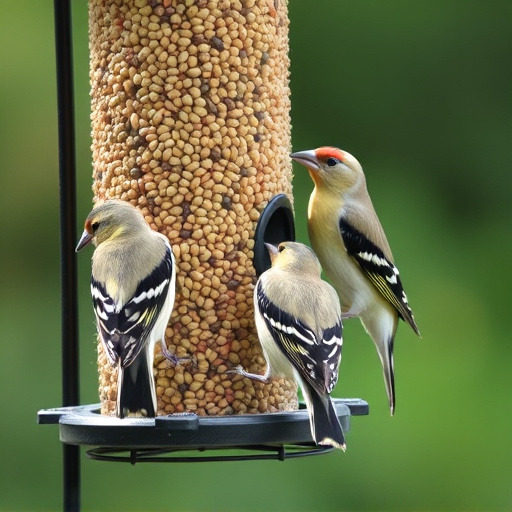 Finches feeding on nyjer seed feeder