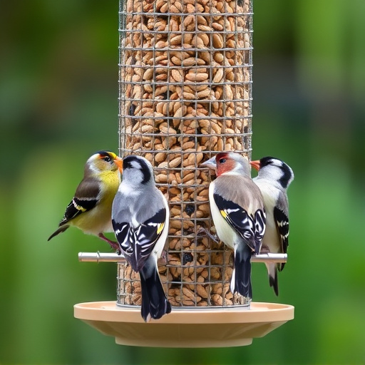 Finches feeding on nyjer seed feeder