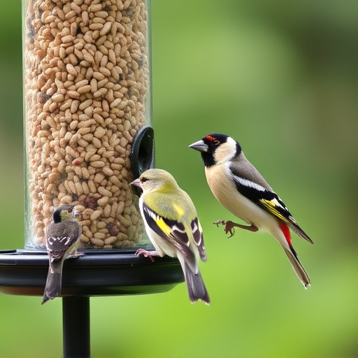 Finches feeding on nyjer seed feeder
