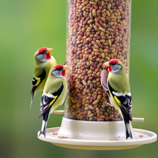 Finches feeding on nyjer seed feeder