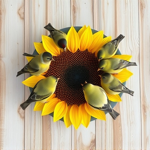 Finches gathered around sunflower heart dish