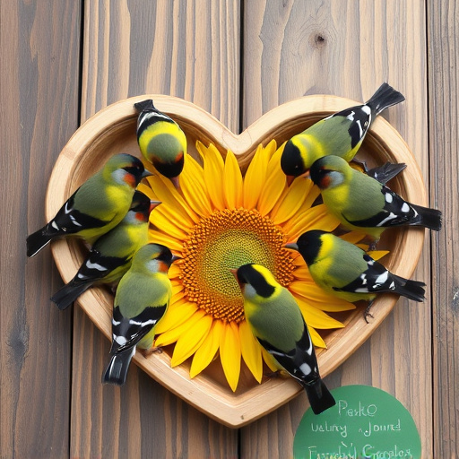 Finches gathered around sunflower heart dish