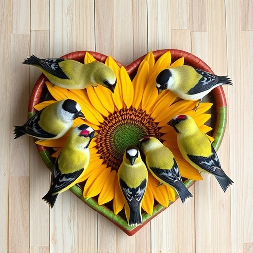Finches gathered around sunflower heart dish