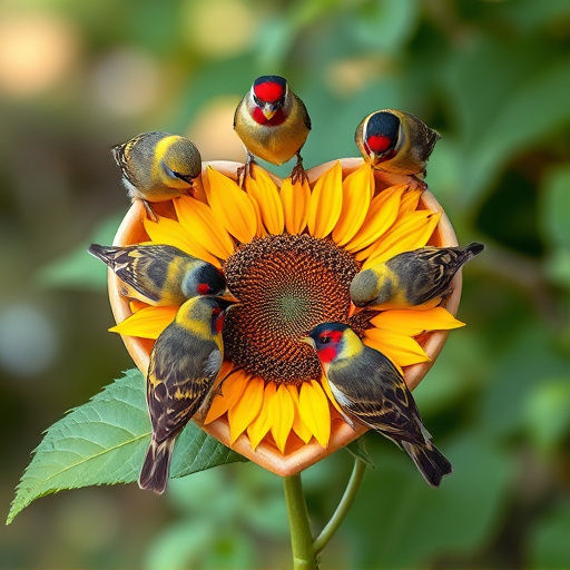 Finches gathered around sunflower heart dish