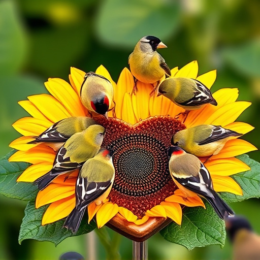 Finches gathered around sunflower heart dish