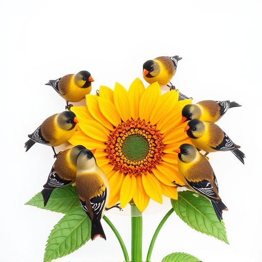 Finches gathered around sunflower heart dish