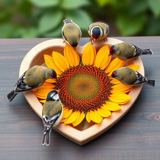 Finches gathered around sunflower heart dish