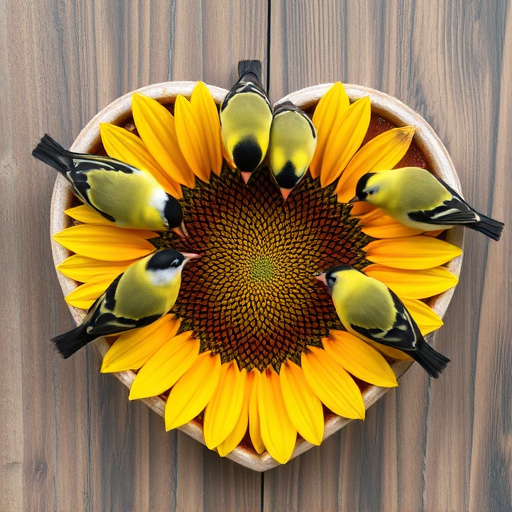 Finches gathered around sunflower heart dish