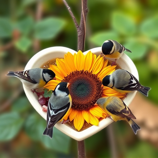 Finches gathered around sunflower heart dish