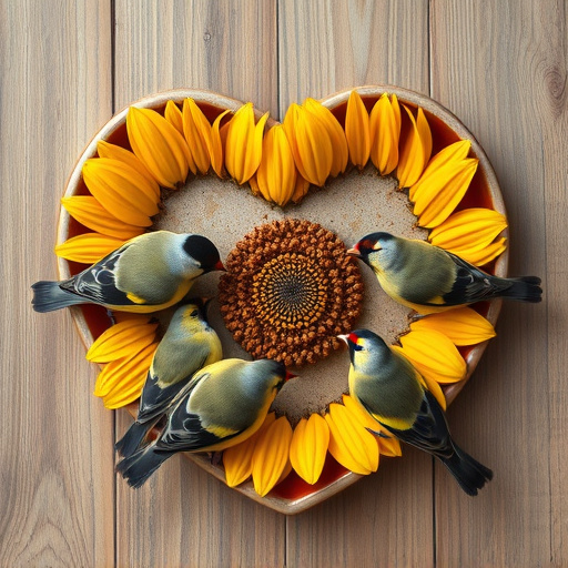 Finches gathered around sunflower heart dish