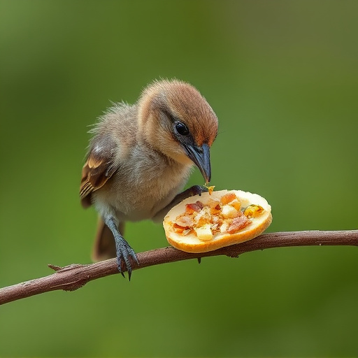 Fledgling bird receiving nutritious meal
