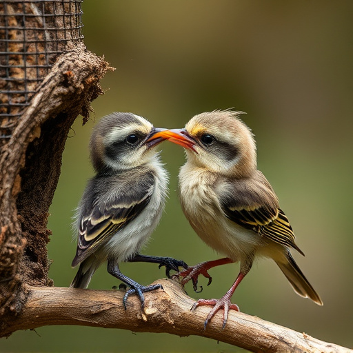 Fledgling bird receiving nutritious meal