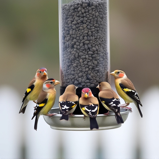 Flock of finches on nyjer feeder