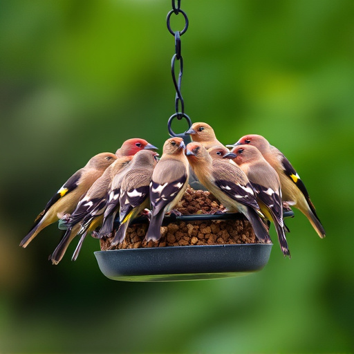 Flock of finches on nyjer feeder