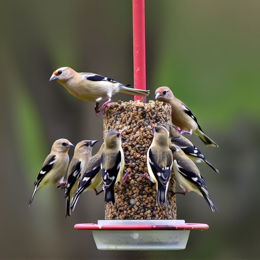 Flock of finches on nyjer feeder