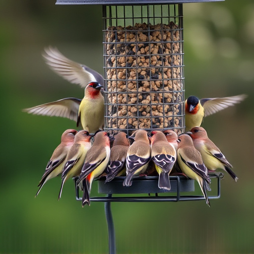 Flock of finches on nyjer feeder