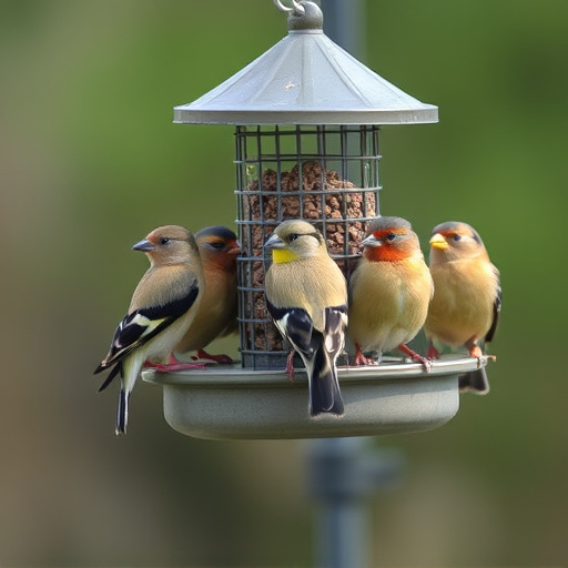 Flock of finches on nyjer feeder