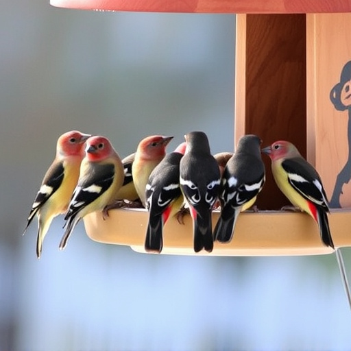 Flock of finches on nyjer feeder