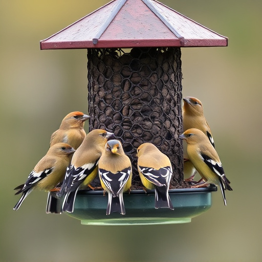 Flock of finches on nyjer feeder