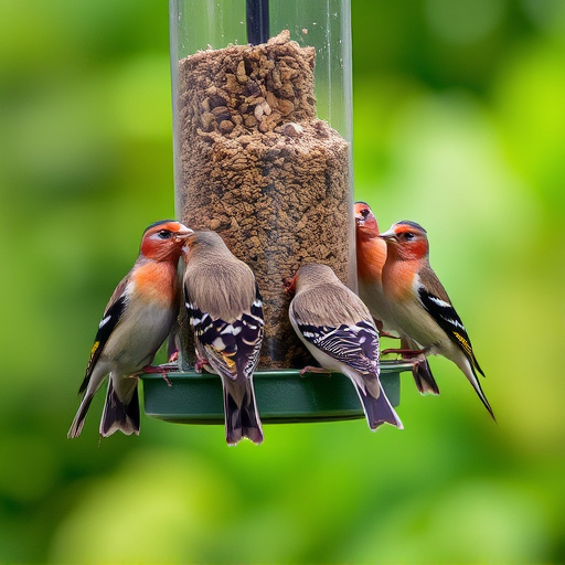 Flock of finches on nyjer feeder