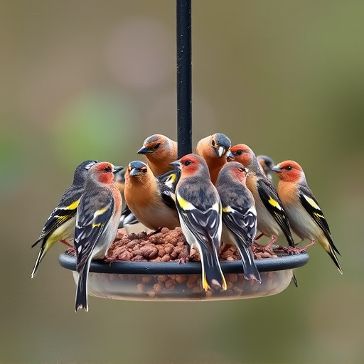 Flock of finches on nyjer feeder