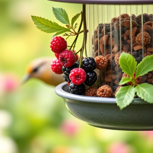 Fresh berries on garden bird feeder