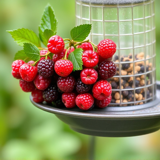 Fresh berries on garden bird feeder