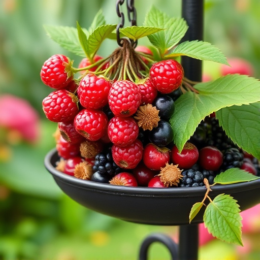 Fresh berries on garden bird feeder