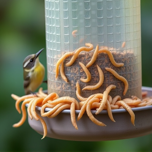 Fresh mealworms on garden bird feeder