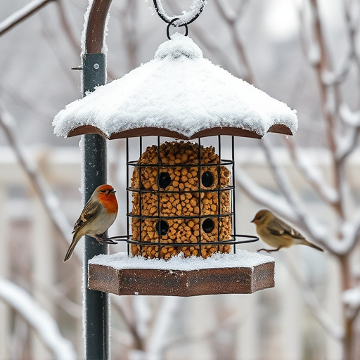 Frost-covered suet feeder in winter garden