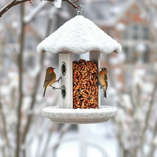 Frost-covered suet feeder in winter garden