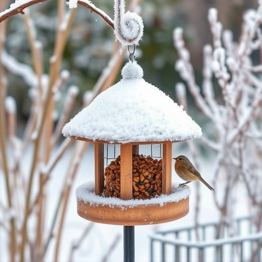 Frost-covered suet feeder in winter garden